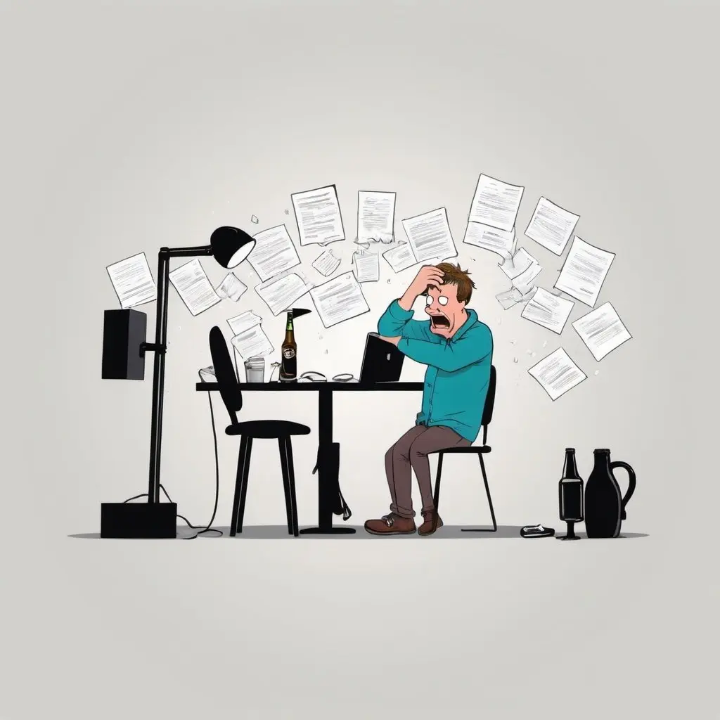 humorous illustration of a frustrated man sitting in front of a computer, with his hands over his forehead, messy desk with documents scattered around and a beer bottle on the table.