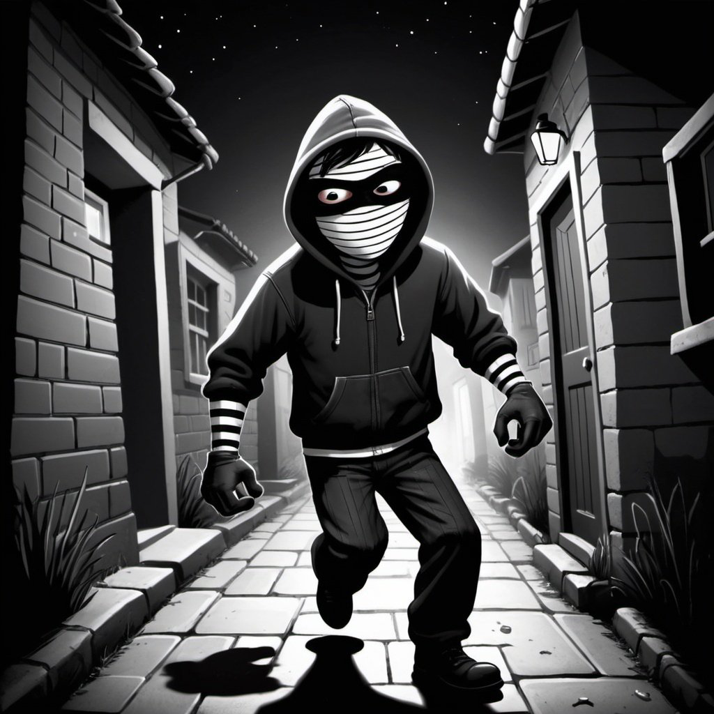 cartoon robber trying to rob houses in a lane in night time, wearing black and white stripped clothes with a patch over his eyes