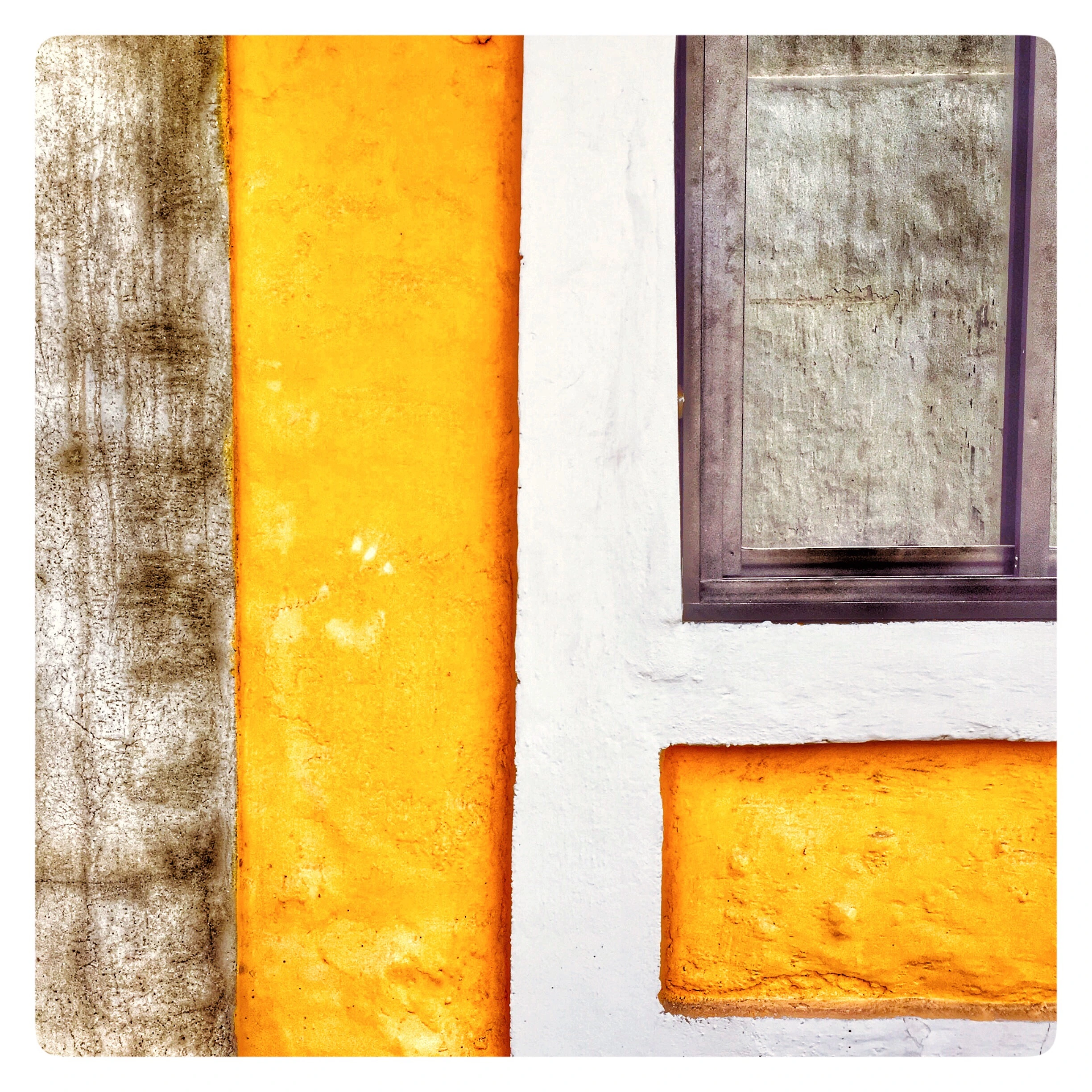 partial photo of a brown window of a house with yello walls and white borders, abstract art showcasing some peaceful chaotic patterns